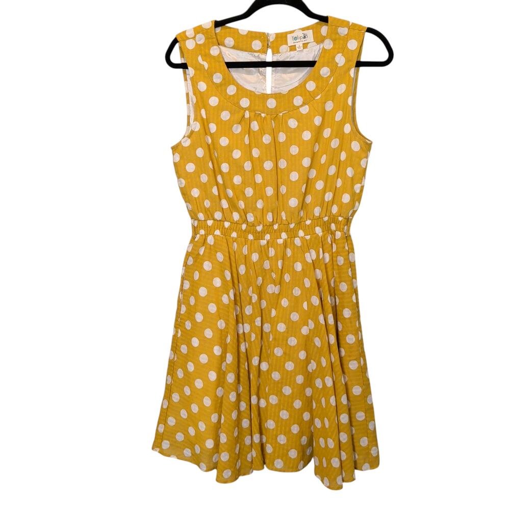 Tulip B Women's Sz M Yellow Polka Dot Fit and Flare Dress Sleeveless Linen Blend